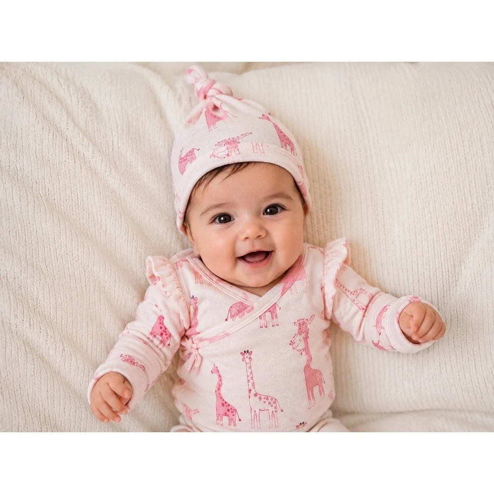 Janie and Jack Newborn Pink Giraffe Print Knotted Beanie Hat Cotton Cap NWT